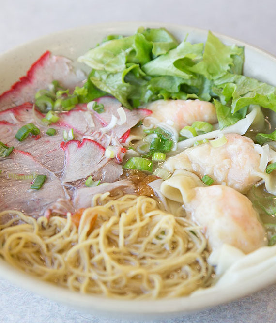 egg noodle soup with shrimp wonton and bbq pork